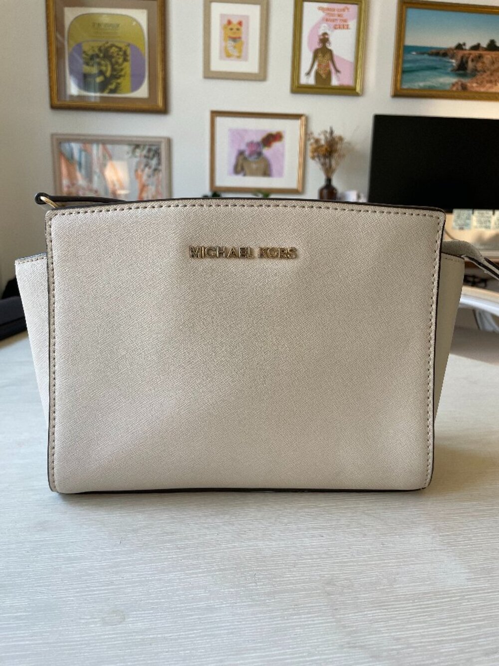 Michael Kors Selma beige mini crossbody bag